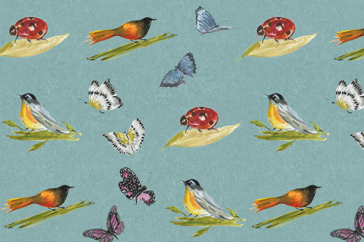 Papel de Parede Pássaros, Joaninha e Borboletas